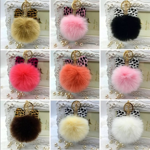 Pom Pom Leopard Faux Rabbit Fur KeyFob Purse Charm - Picture 2 of 4